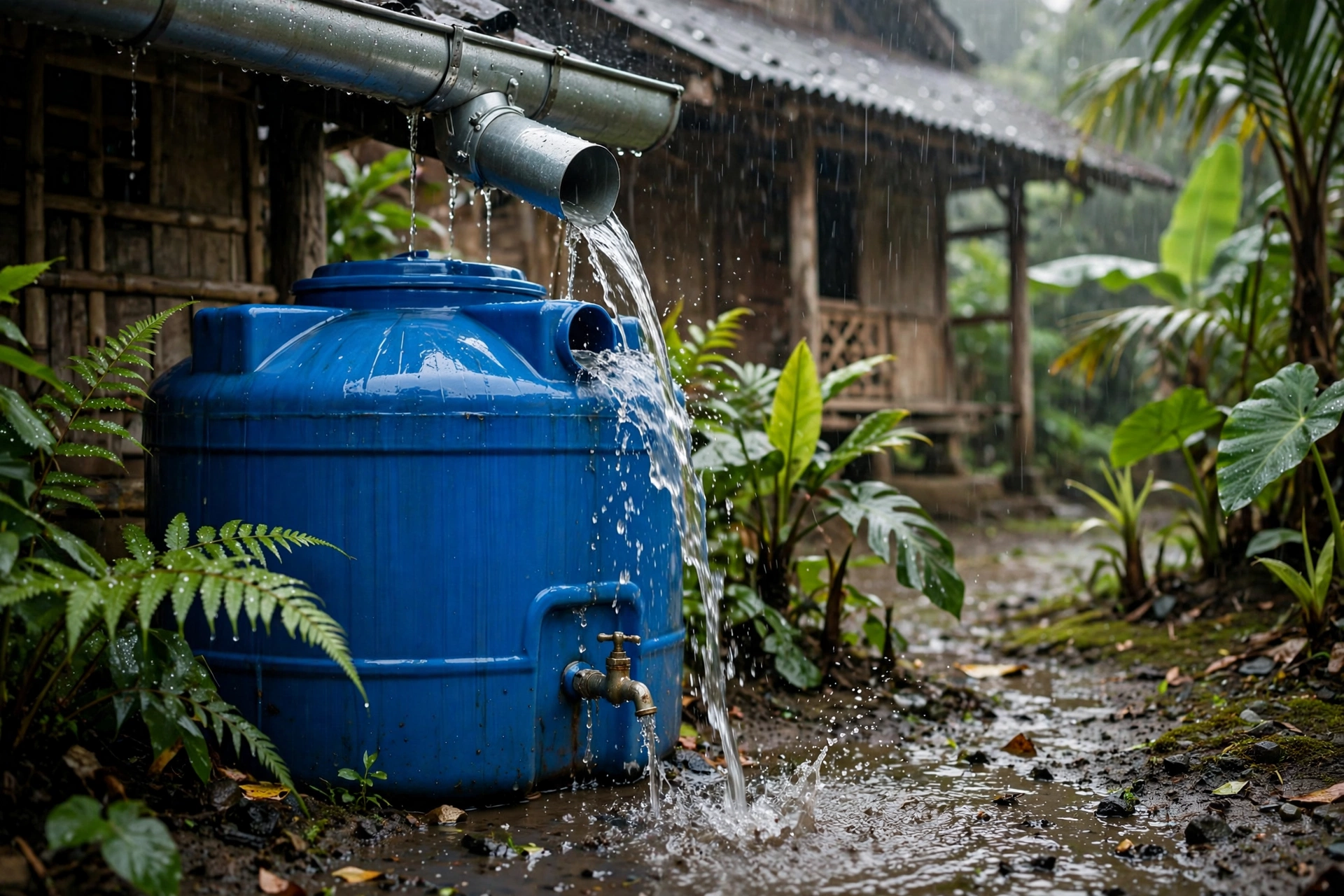 Talang rumah desa menyalurkan air hujan ke tangki penampungan air hujan