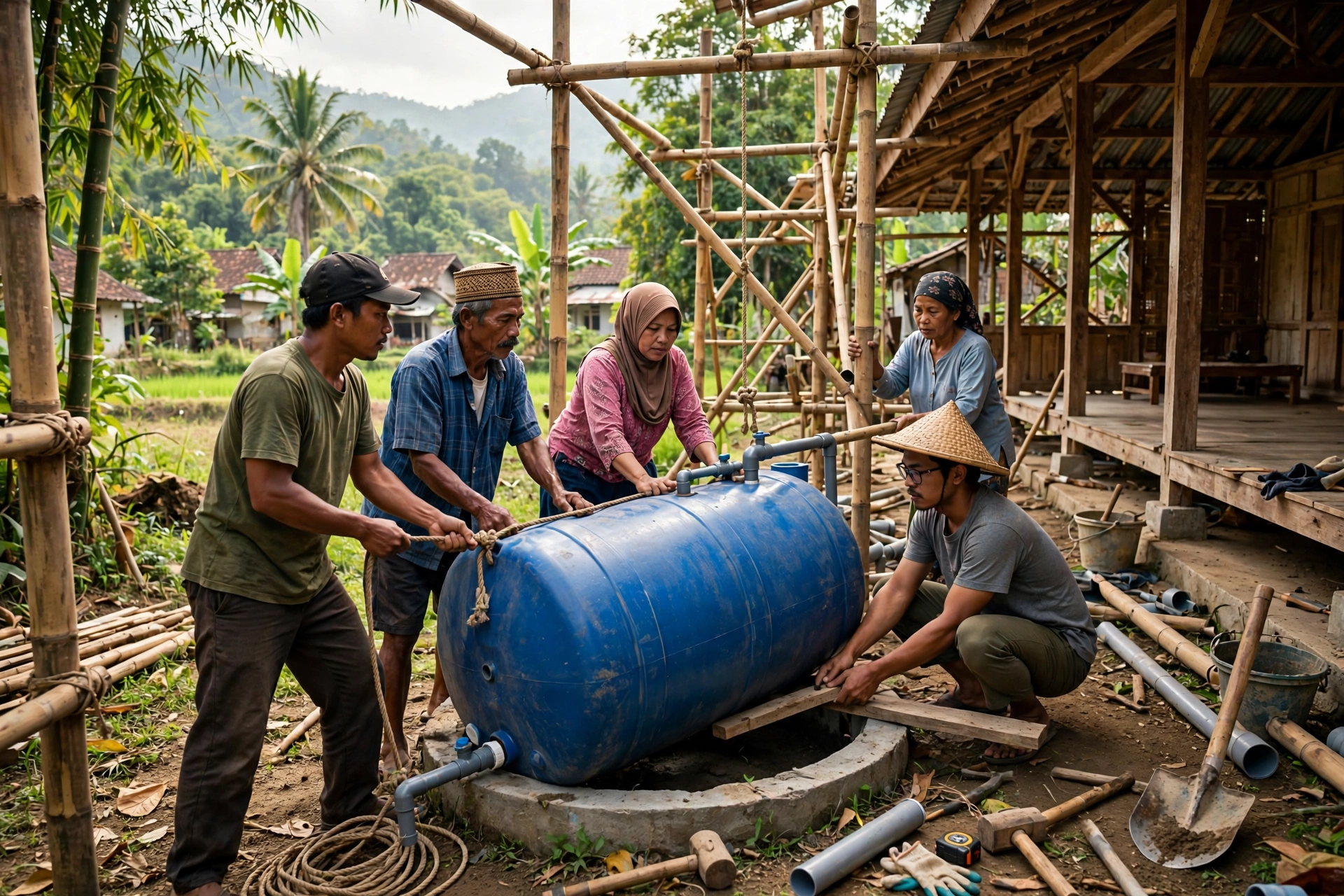 Warga desa bergotong royong memasang tangki penampung air hujan komunal