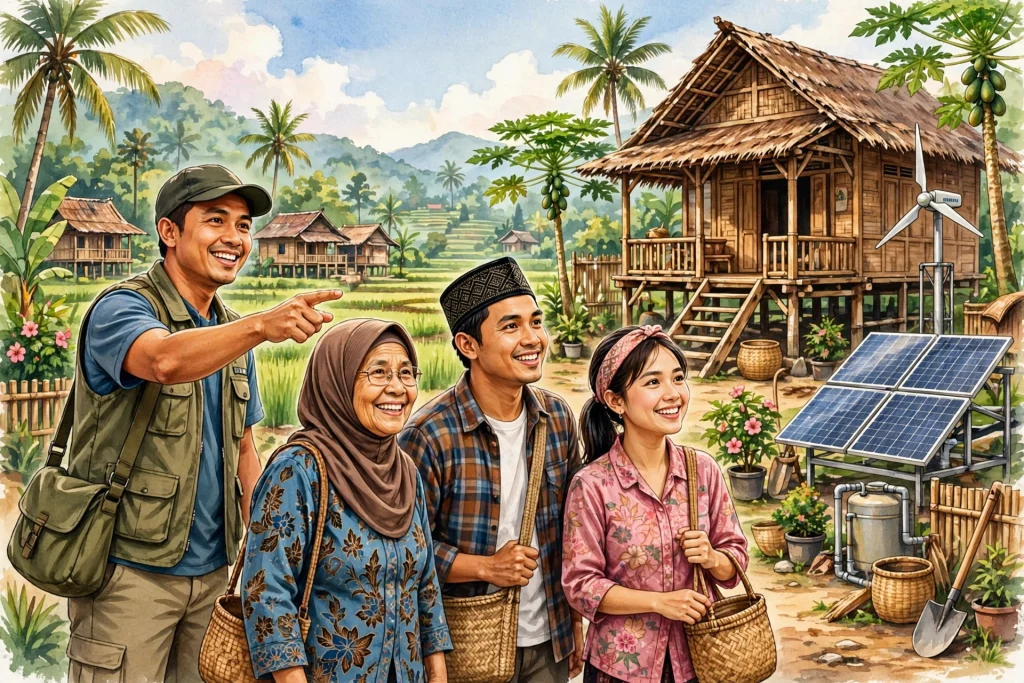 Pendampingan teknologi tepat guna di desa: pemandu membimbing warga desa di dekat instalasi kincir angin dan panel surya
