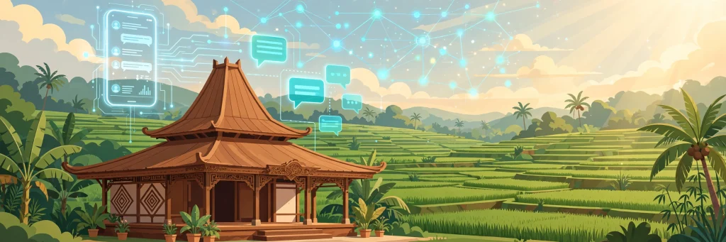 Ilustrasi balai desa Indonesia dengan sawah dan elemen digital kecerdasan buatan - sampul artikel sistem informasi desa